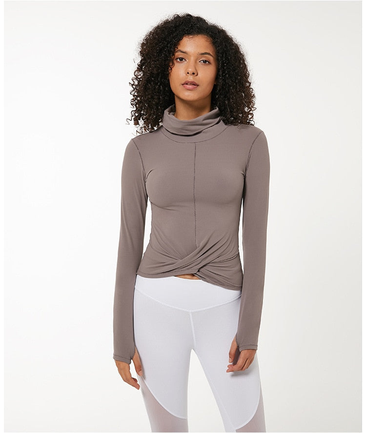 High Collar Yoga Crop Tops with Thumb Hole Sports Athletic Long Sleeve Shirts Women Twist Fitness Gym Tops High Quality | Vimost Shop.