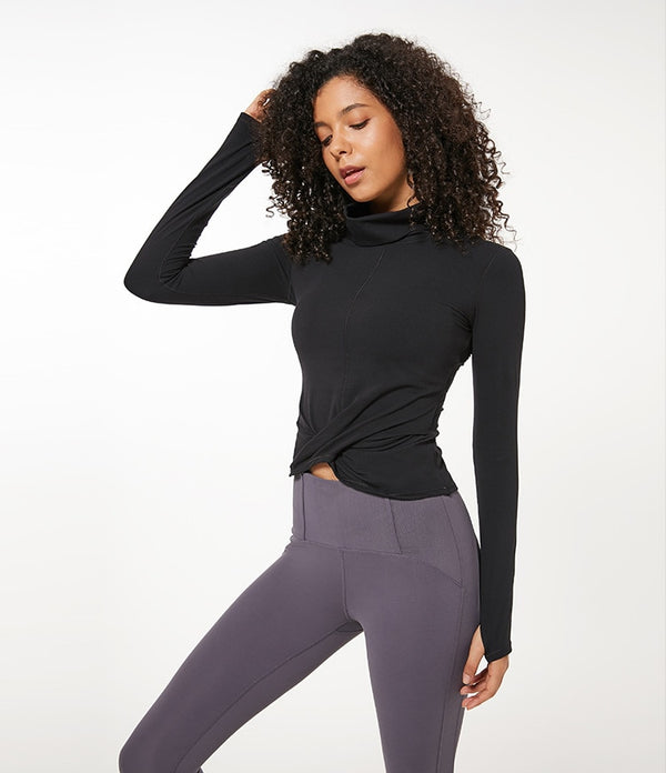 High Collar Yoga Crop Tops with Thumb Hole Sports Athletic Long Sleeve Shirts Women Twist Fitness Gym Tops High Quality | Vimost Shop.