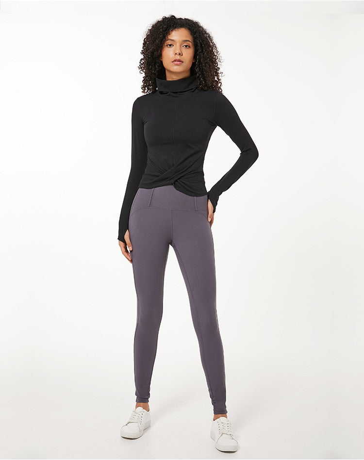 High Collar Yoga Crop Tops with Thumb Hole Sports Athletic Long Sleeve Shirts Women Twist Fitness Gym Tops High Quality | Vimost Shop.