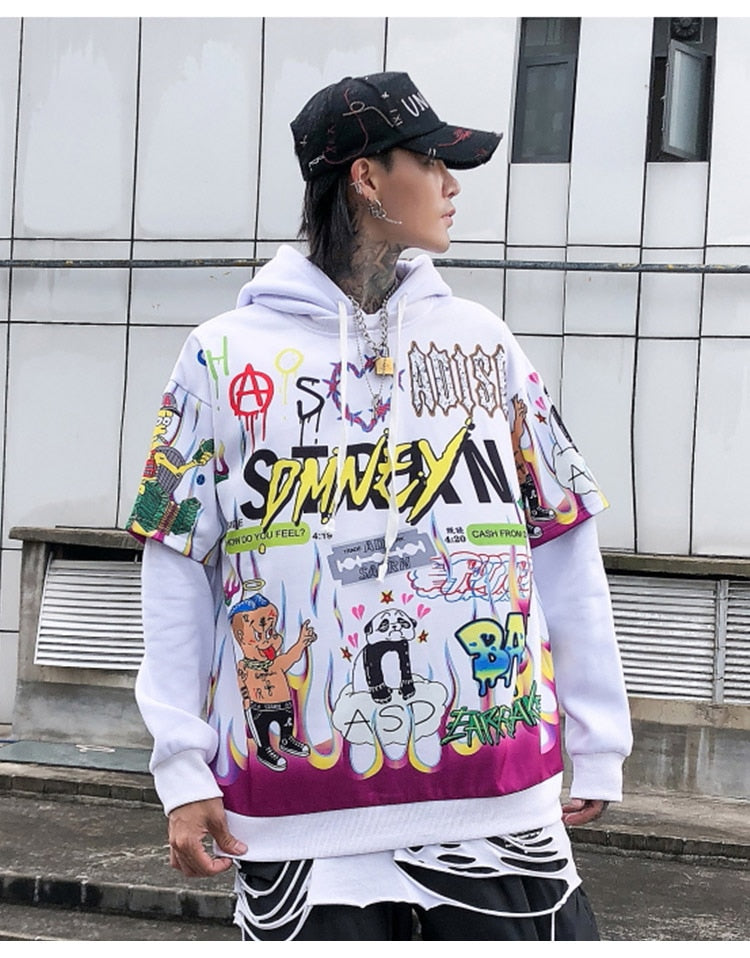 Hoodies Men Hip Hop Letter Print Men Pullover Cartoon Oversize Style Hooded Sweatshirt Lover High Street Streetwear