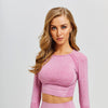 Seamless O-neck Gym Sport Long Sleeve Shirts Women Quick Dry Slim Fit Workout Fitness Crop Top with Thumb Holes.