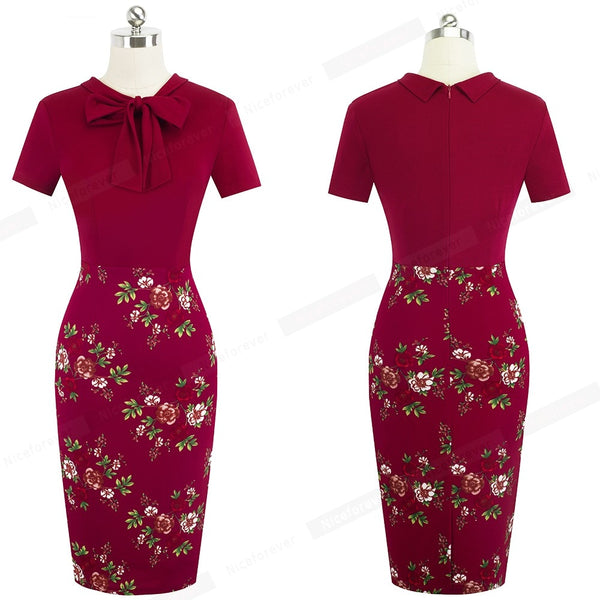Elegant Floral Patchwork Business Turn-Down Collar vestidos Formal Work Office Bodycon Women Female Dress | Vimost Shop.