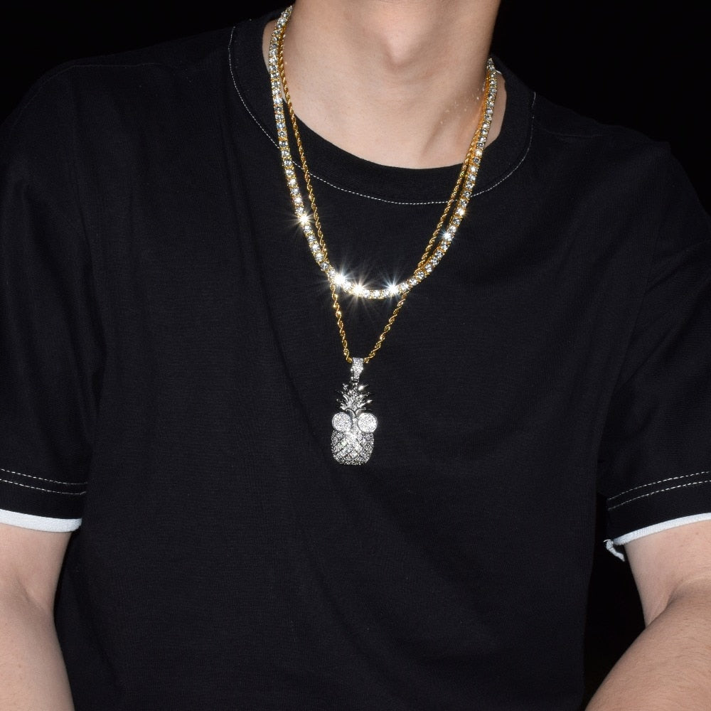 Gold Color Pineapple shape Necklace & Pendant With 4mm Tennis Chain  AAA Cubic Zircon Men's Women Hip hop Rock Jewelry 2.4x5.8CM | Vimost Shop.