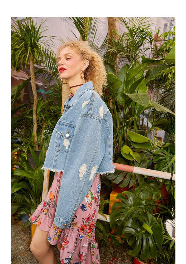 Local Delivery Blue Embroidery Print Casual Oversized Woman Jackets Autumn Ripped Hole Daily Outerwear | Vimost Shop.