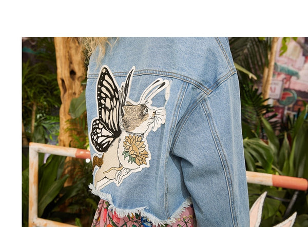 Local Delivery Blue Embroidery Print Casual Oversized Woman Jackets Autumn Ripped Hole Daily Outerwear | Vimost Shop.