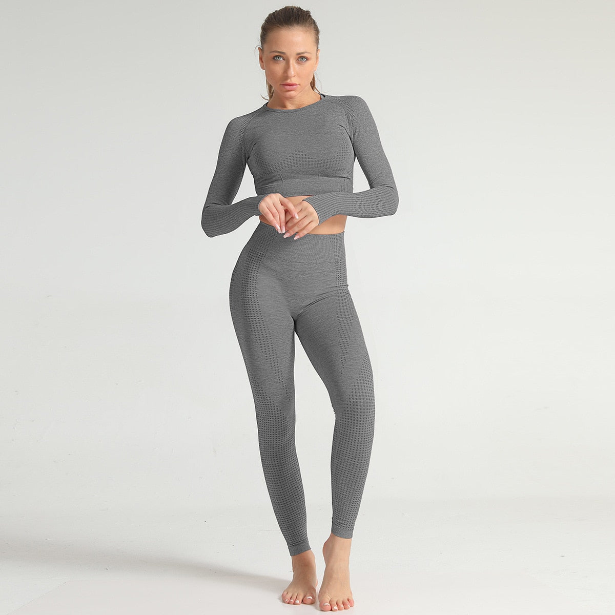 Lycra Seamless 2PCS Women Yoga Set Gym Clothing Fitness Leggings+Cropped Shirts Sport Suit Women Long Sleeve Tracksuit Active | Vimost Shop.