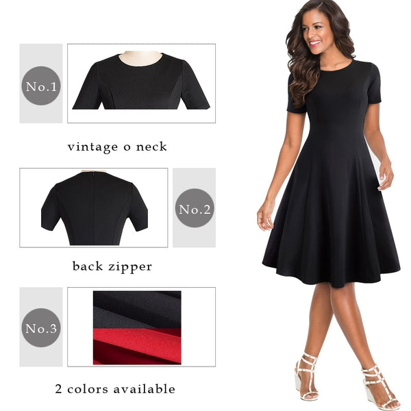 Vintage Elegant Round neck Brief Pure Color vestidos A-Line Pinup Business Party Women Flare Black Dress | Vimost Shop.