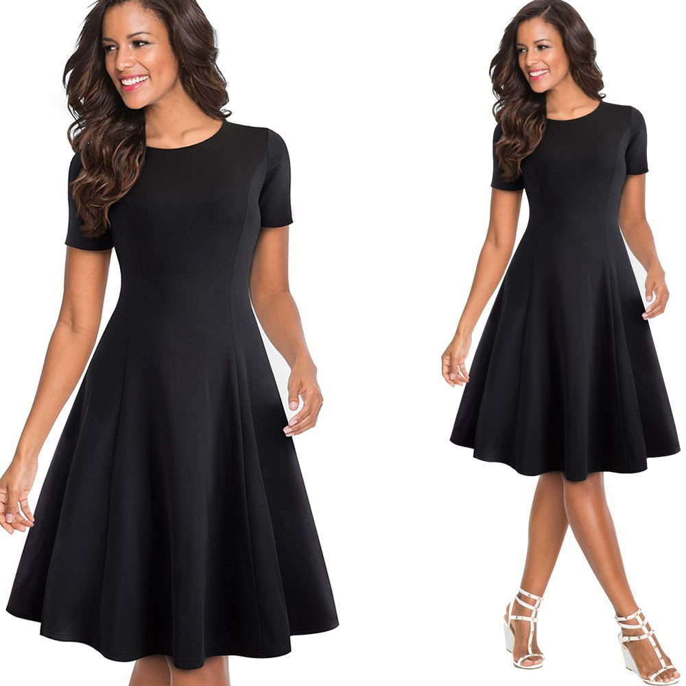 Vintage Elegant Round neck Brief Pure Color vestidos A-Line Pinup Business Party Women Flare Black Dress | Vimost Shop.