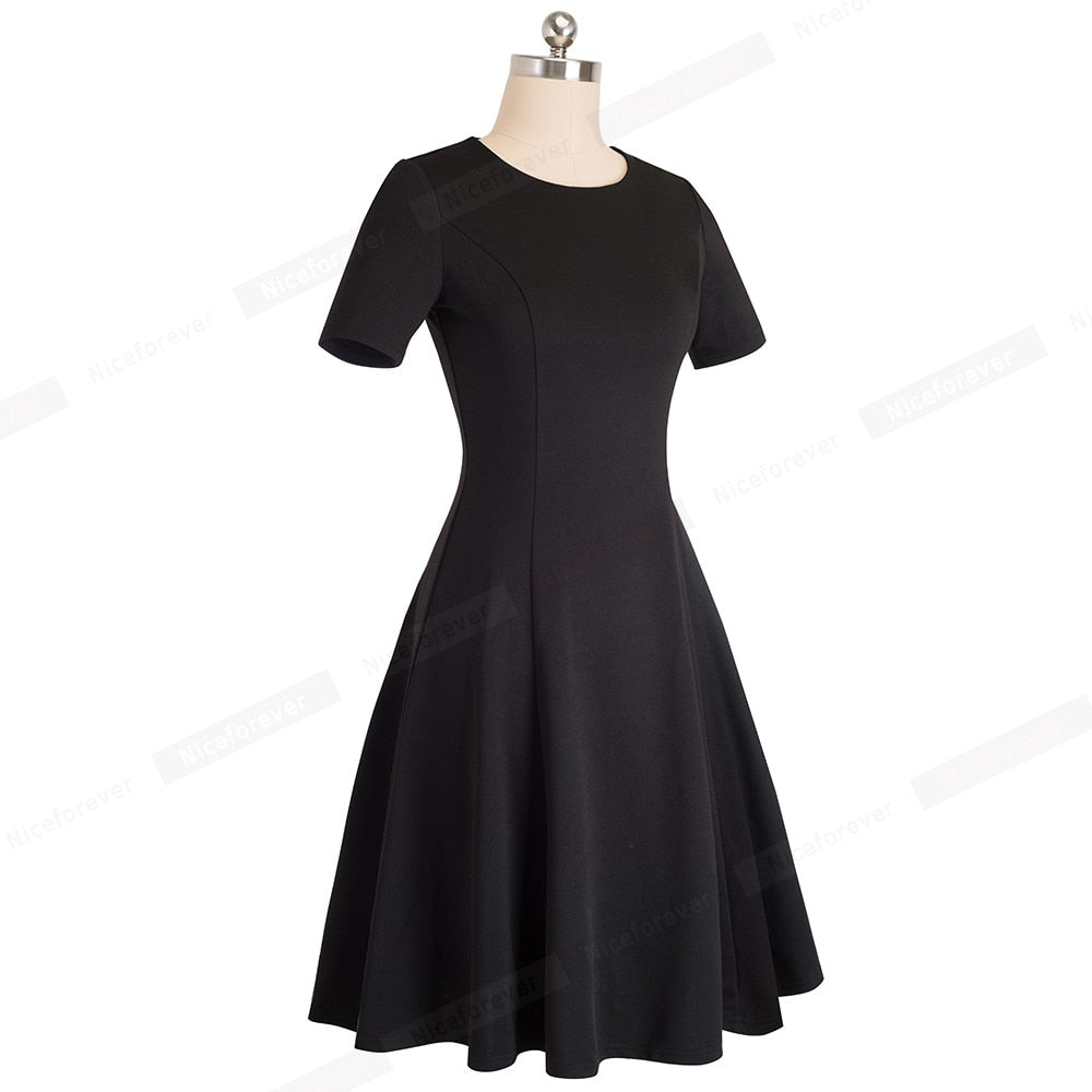 Vintage Elegant Round neck Brief Pure Color vestidos A-Line Pinup Business Party Women Flare Black Dress | Vimost Shop.