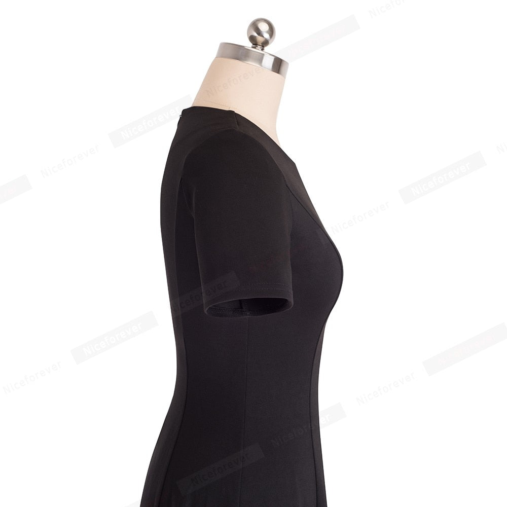 Vintage Elegant Round neck Brief Pure Color vestidos A-Line Pinup Business Party Women Flare Black Dress | Vimost Shop.