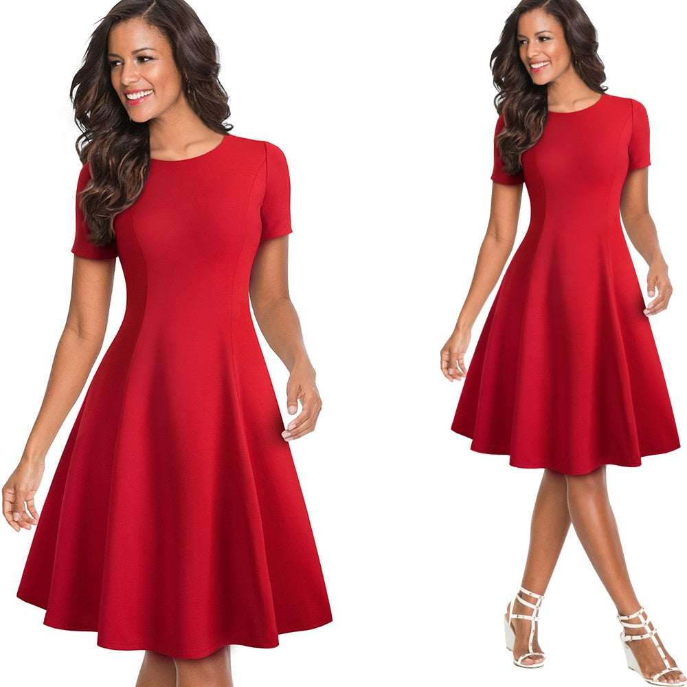Vintage Elegant Round neck Brief Pure Color vestidos A-Line Pinup Business Party Women Flare Black Dress | Vimost Shop.