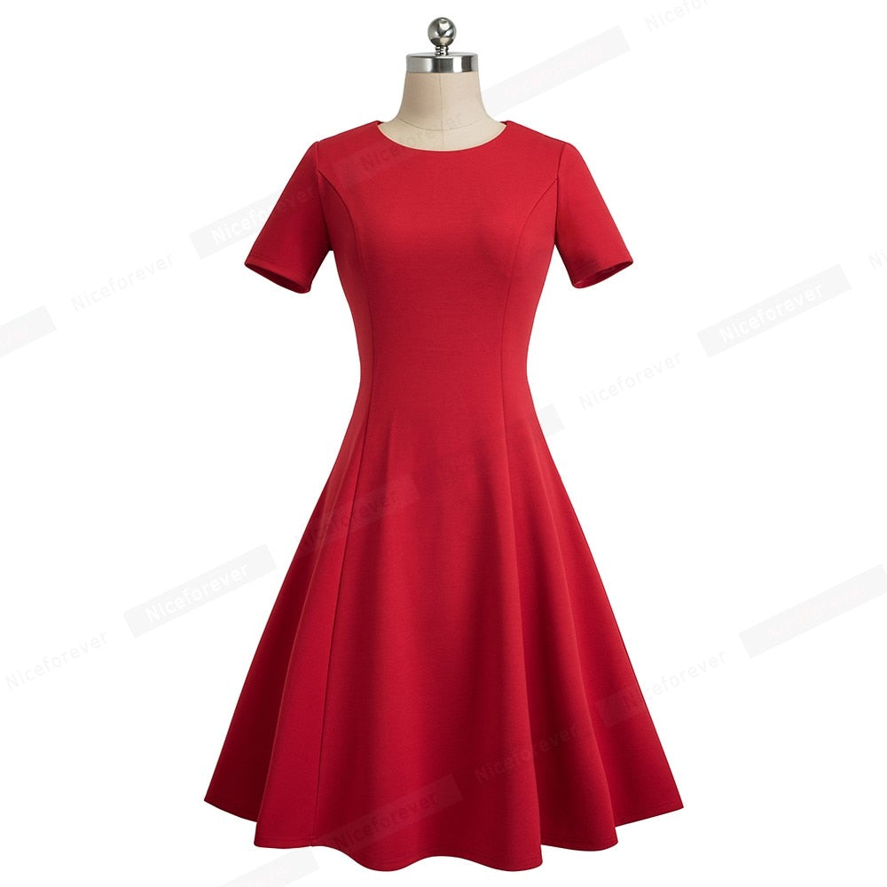 Vintage Elegant Round neck Brief Pure Color vestidos A-Line Pinup Business Party Women Flare Black Dress | Vimost Shop.