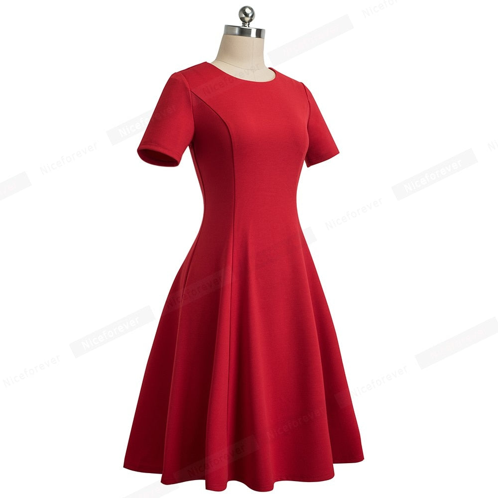 Vintage Elegant Round neck Brief Pure Color vestidos A-Line Pinup Business Party Women Flare Black Dress | Vimost Shop.