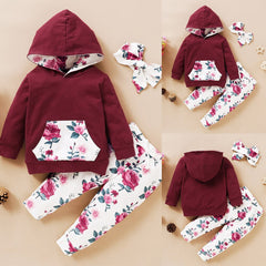 3Pcs Winter Infant Girls Clothing Floral Printed Hooded Sweatshirts And Pants Headband Outfits Casual Newborn Clothing D30 | Vimost Shop.