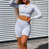 Solid Seamless Yoga Set Tracksuit For Women Fashion Push Up Workout Running Fitness Suit Long Sleeve Crop Top Shorts Sports Suit | Vimost Shop.