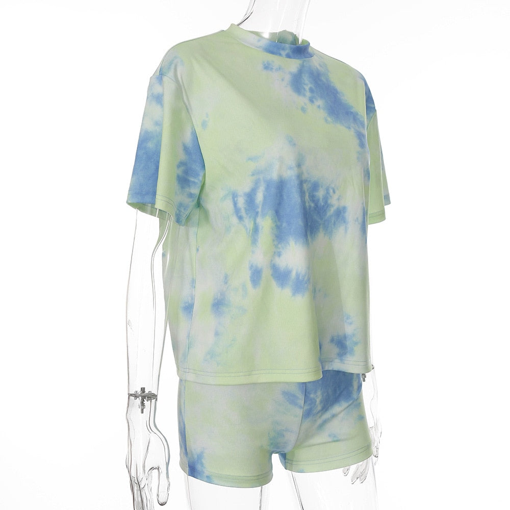 Tie Dye Print Casual Gym Sports Two Piece Set Fashion Workout Fitness Running Tracksuit Women Short Sleeve T Shirt Shorts Suit | Vimost Shop.