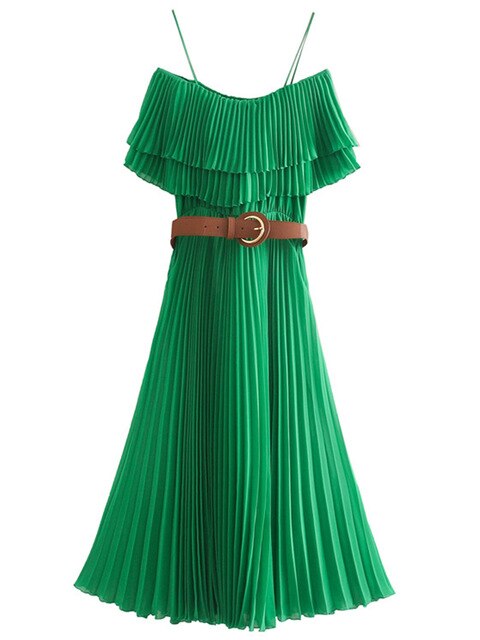 Ladies sexy off shoulder party vestido sashes Dresses Women fashion slash neck ruffles green pleated sling Dress | Vimost Shop.