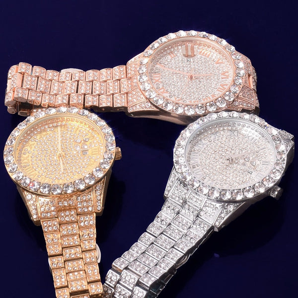 Men's watch Gold Color Big Dial Military Quartz Clock Luxury Big Rhinestone Business Waterproof wrist watches Relogio Masculino | Vimost Shop.