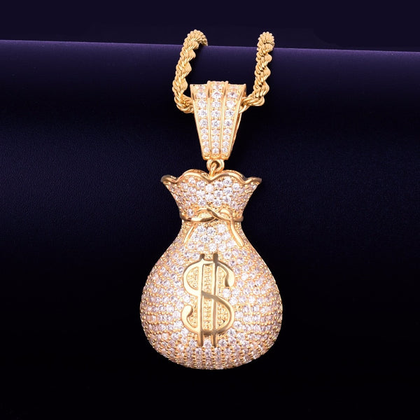 Men's Dollar bag Pendant Necklace Tennis Chain Cuban chain Gold Color Bling Cubic Zircon Hip hop Rock Jewelry | Vimost Shop.