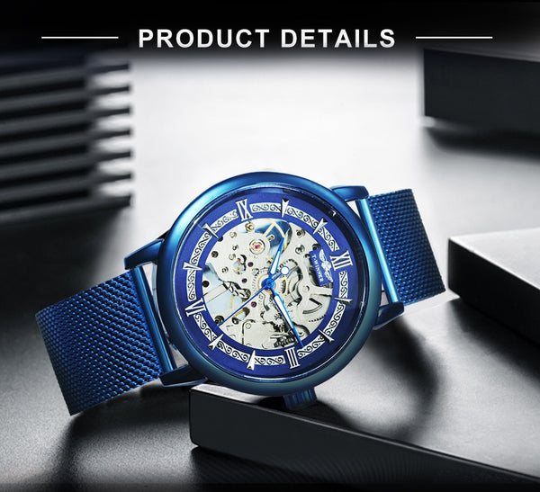 Watch Men Skeleton Mechanical Ultra Thin Mesh Strap Business Men's Watches Top Brand Luxury Fashion Blue Male New Watches