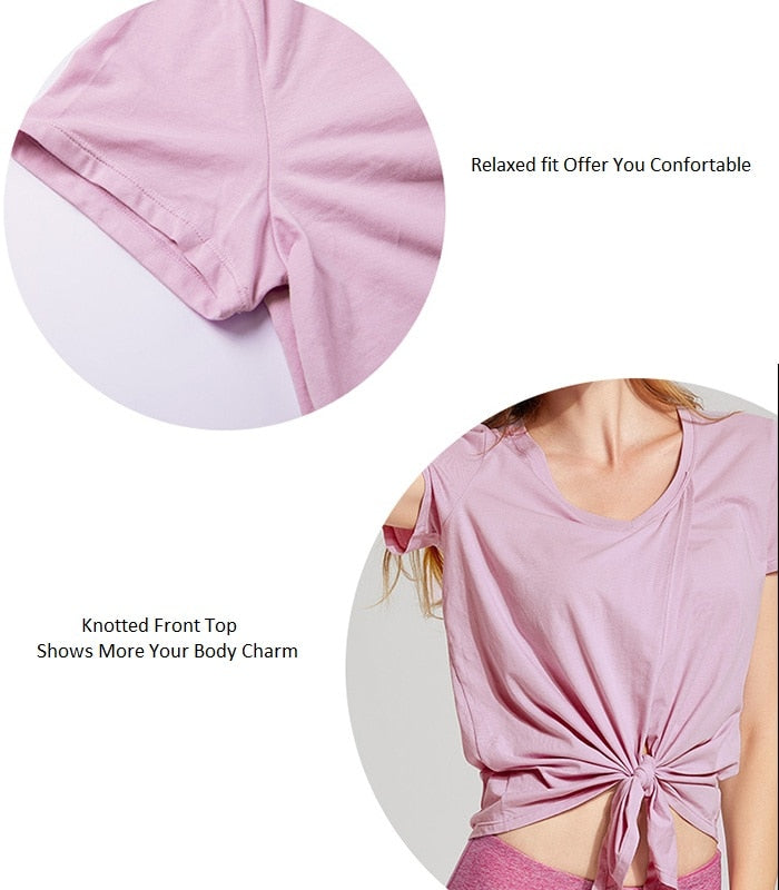 Women's Pima Cotton Workout Short Sleeve V-Neck Tie T Shirt Tops