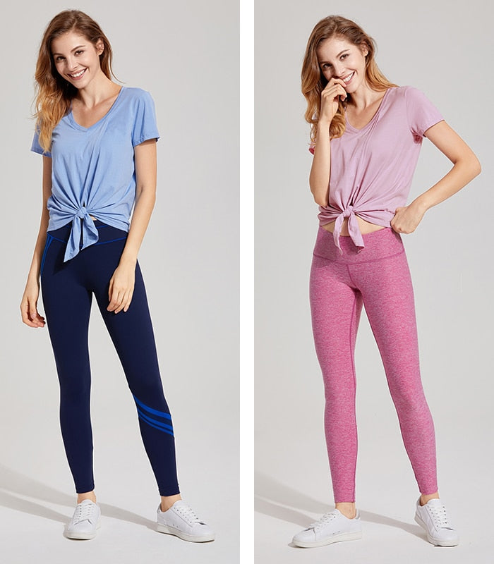 Women's Pima Cotton Workout Short Sleeve V-Neck Tie T Shirt Tops