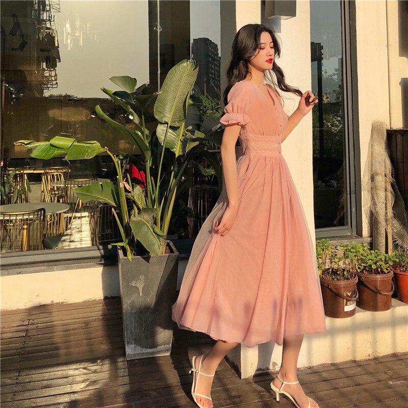 Long work dress Short Puff Sleeve A-line Women Dress Summer Slim Korean Style Mesh Elegant Vintage Mesh Dress | Vimost Shop.