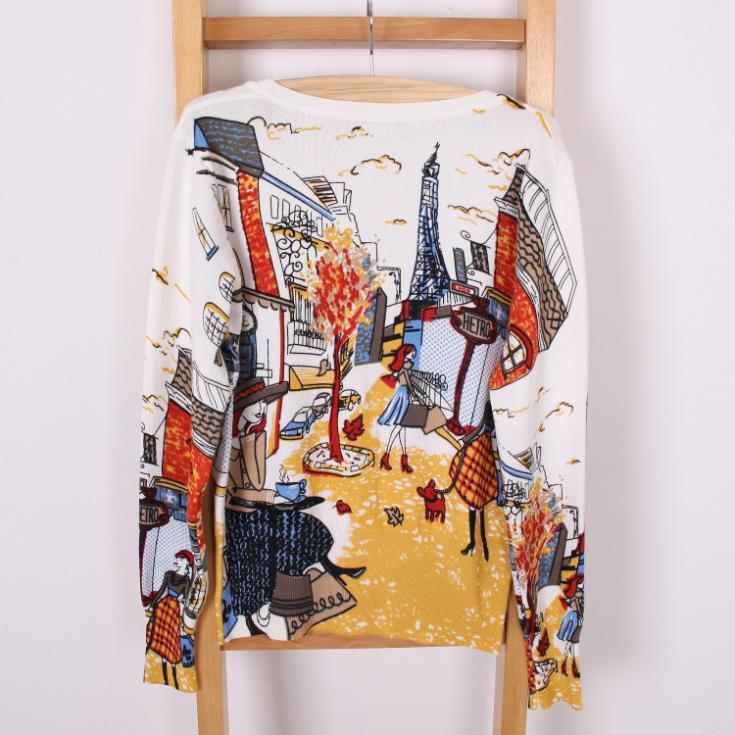 Spring Autumn Drawing Print Lady Long-Sleeve Sweater Cardigans Women V-Neck Casual Knitted Outerwear High Quality