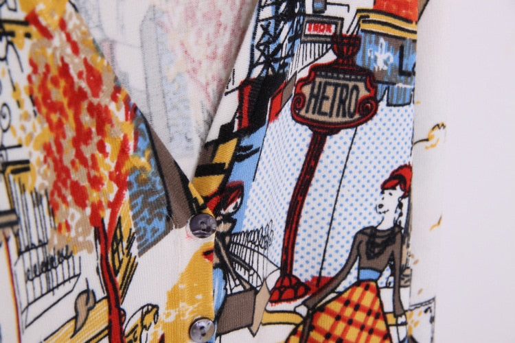 Spring Autumn Drawing Print Lady Long-Sleeve Sweater Cardigans Women V-Neck Casual Knitted Outerwear High Quality