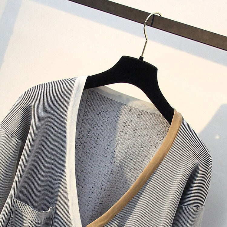 Spring Autumn Women Sweater Contrast Color Striped All-Match Jacket Coats Long Sleeve Loose Patchwork Knitting Cardigans  C-198