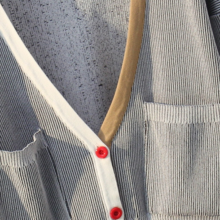 Spring Autumn Women Sweater Contrast Color Striped All-Match Jacket Coats Long Sleeve Loose Patchwork Knitting Cardigans  C-198