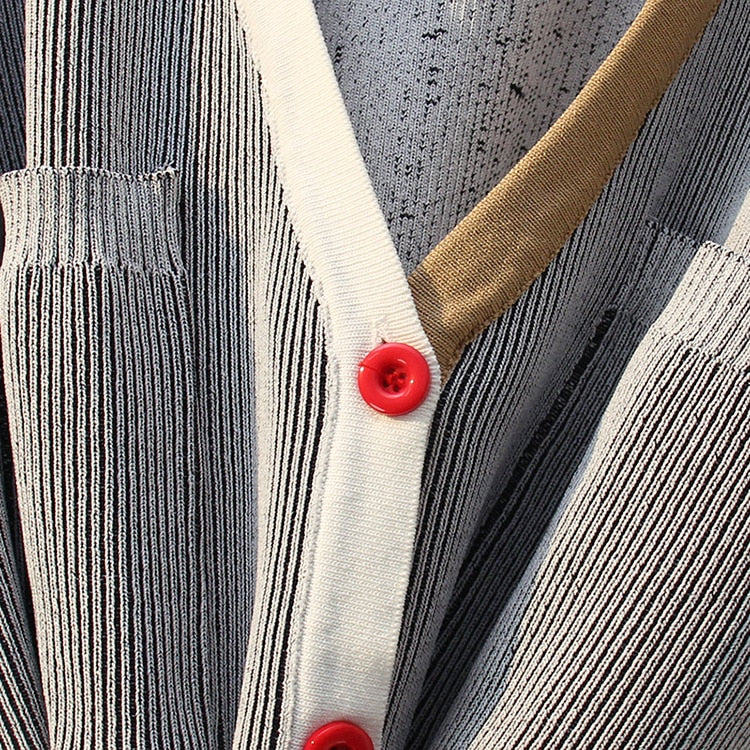 Spring Autumn Women Sweater Contrast Color Striped All-Match Jacket Coats Long Sleeve Loose Patchwork Knitting Cardigans  C-198