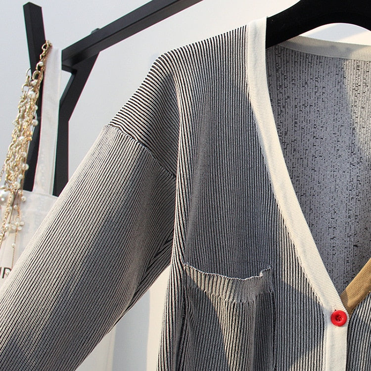 Spring Autumn Women Sweater Contrast Color Striped All-Match Jacket Coats Long Sleeve Loose Patchwork Knitting Cardigans  C-198