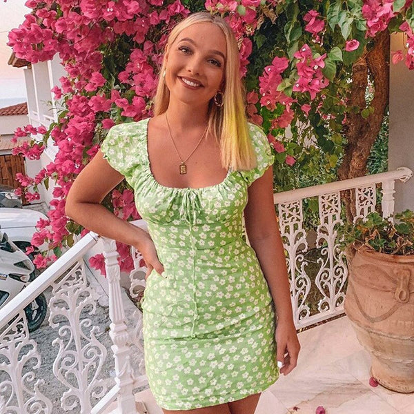 Floral Casual Dress Women Green Slim Elegant Club Mini Floral Dress Ruched Bow Off Shoulder Summer Dresses Casual Retro | Vimost Shop.