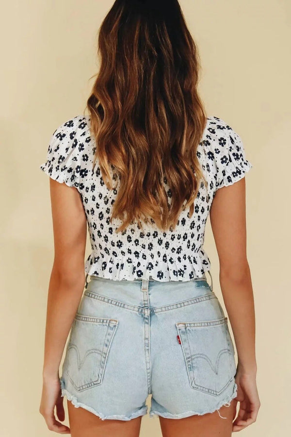 Navy Floral Print Summer Cotton Blouses Women Casual Back Elastic Short Sleeve Cropped Shirt Cool Girls Streetwear Tops | Vimost Shop.