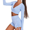 Autumn Solid Yoga Suit Gym Fitness Two Piece Set Long Sleeve Crop Top Shorts Tracksuit Fashion Running Sports Dance Energy Set | Vimost Shop.