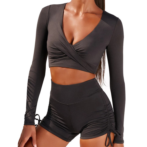 Autumn Solid Yoga Suit Gym Fitness Two Piece Set Long Sleeve Crop Top Shorts Tracksuit Fashion Running Sports Dance Energy Set | Vimost Shop.