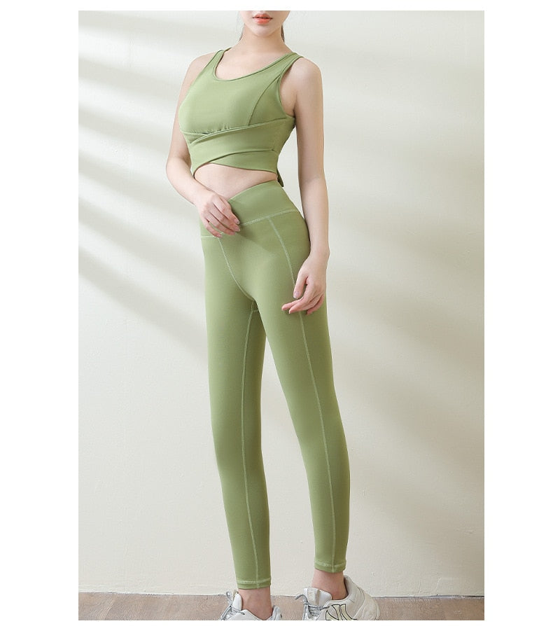 Seamless Solid Yoga Set Workout Push Up Gym Fitness Tracksuit Bra Tank Tie Crop Top Leggings Outwear Running Suit | Vimost Shop.