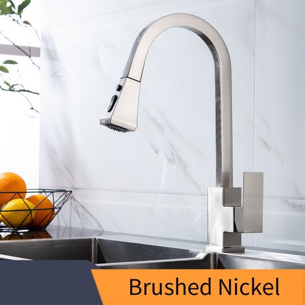 Kitchen Faucets Silver Pull Out Tap Single Hole Handle Solid Brass Black Swivel 360 Degree Water Mixer