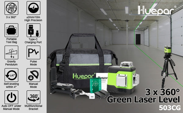 Huepar 3D Cross Line Self-Leveling Laser Level 3x360 Green Beam Three-Plane Leveling & Alignment Laser Tool with Li-ion Battery | Vimost Shop.
