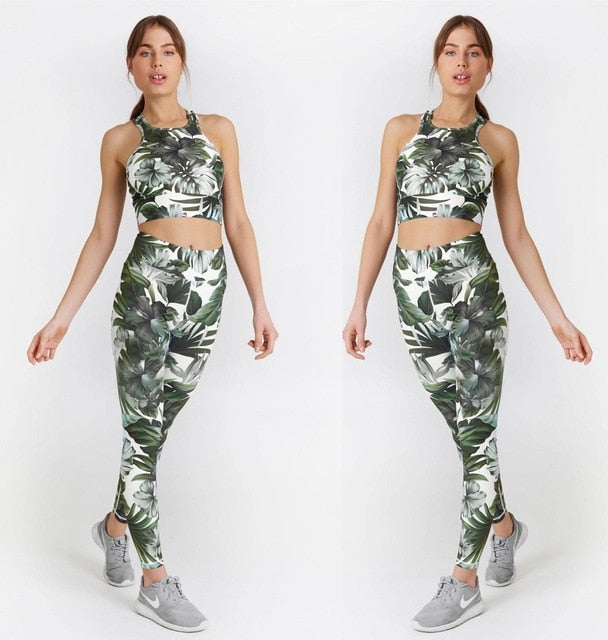 Floral Print Yoga Suit Gym Fitness Two Piece Set Tank Crop Top Leggings Tracksuit Fashion Running Sports Set Casual Outdoor Set | Vimost Shop.
