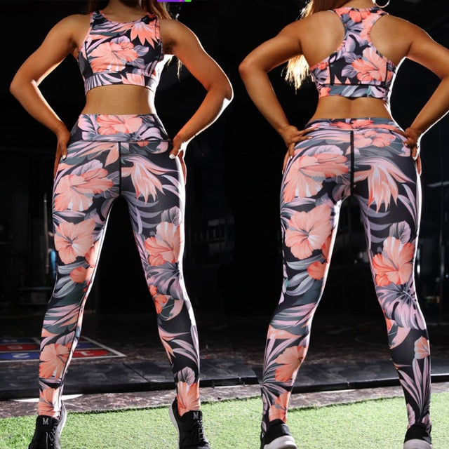 Floral Print Yoga Suit Gym Fitness Two Piece Set Tank Crop Top Leggings Tracksuit Fashion Running Sports Set Casual Outdoor Set | Vimost Shop.