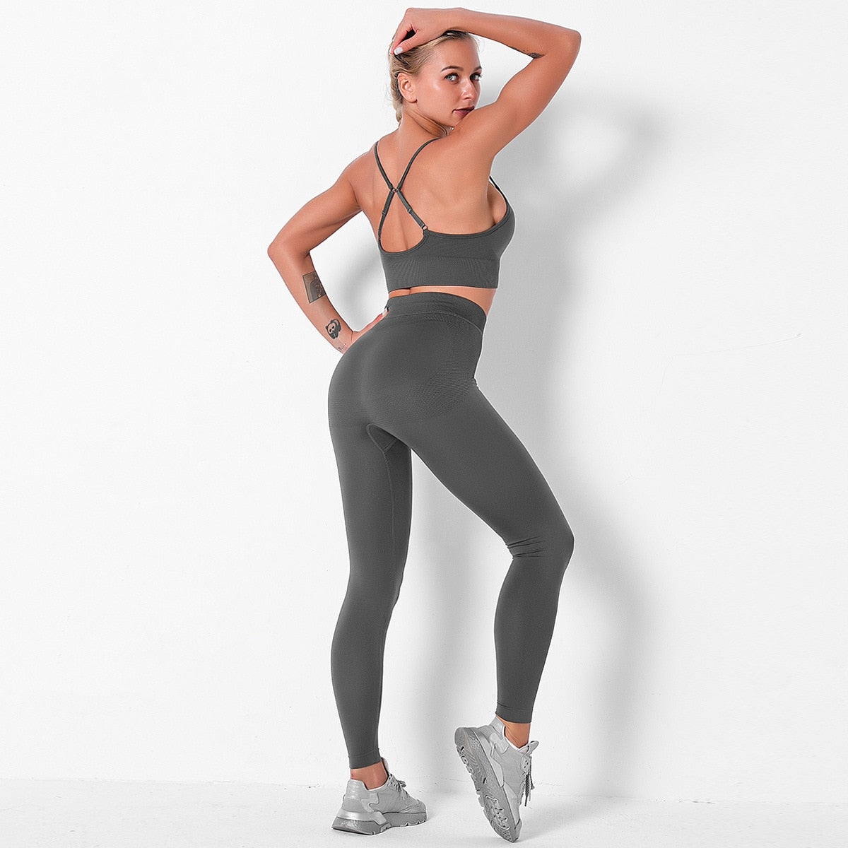 Solid Yoga Suit Gym Fitness Two Piece Set Camisole Crop Top Leggings Tracksuit Fashion Running Sports Dance Energy Casual Set | Vimost Shop.