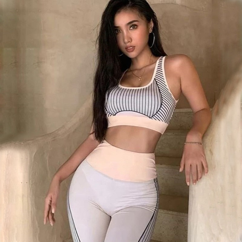 Seamless Striped Patchwork Yoga Set Workout Push Up Gym Fitness Tracksuit Bra Tank Crop Top Leggings Outwear Running Suit | Vimost Shop.