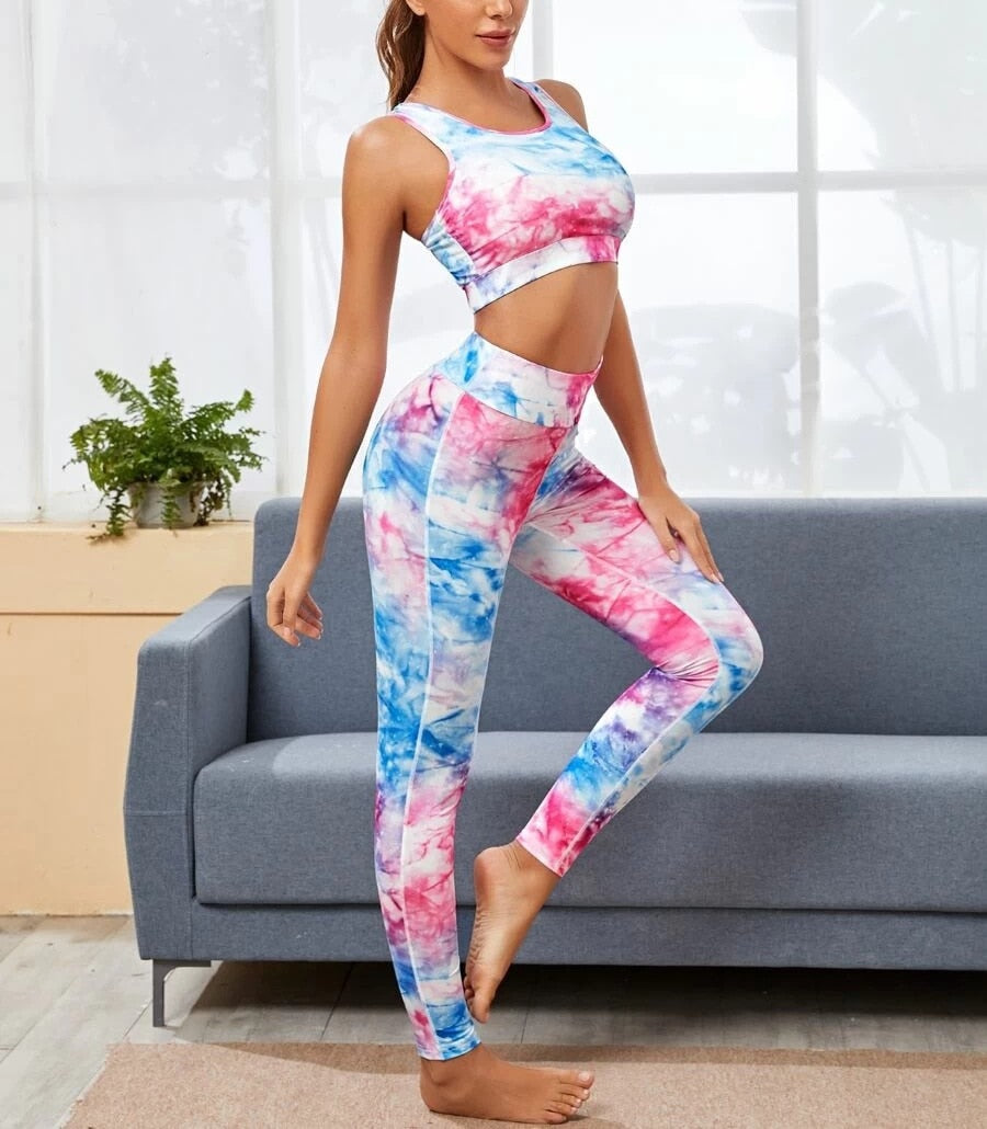 Women Tie Dye Print Yoga Suit Gym Slim Tracksuit Tank Crop Top Leggings Two Piece Set Casual Sports Running Suit  Hot Sale | Vimost Shop.