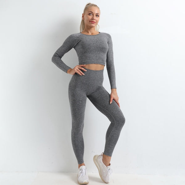 Autumn Seamless Yoga Set High Stretch Tracksuit For Women Long Sleeve Crop Top Leggings Two Piece Set Running Push Up Clothing | Vimost Shop.