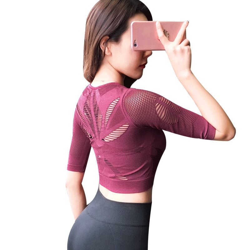Seamless Sports Yoga Top Fitness Tracksuit Fashion Half Sleeve Crop Hollow Out Back Top Sportswear Gym Workout Casual Clothing | Vimost Shop.