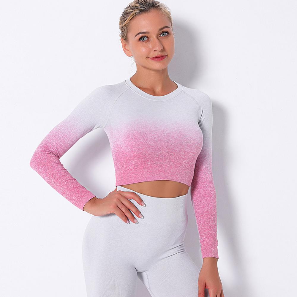 Seamless Changing Color Long Sleeve Crop Top Women Workout Push Up Slim Shirt Casual Gym Fitness Sports Running Top Tees | Vimost Shop.