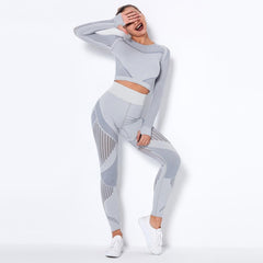 Autumn Seamless Yoga Set Women Gym Clothes Long Sleeve Crop Top Hollow Out Leggings Tracksuit Workout Sports Fitness 2 Piece | Vimost Shop.