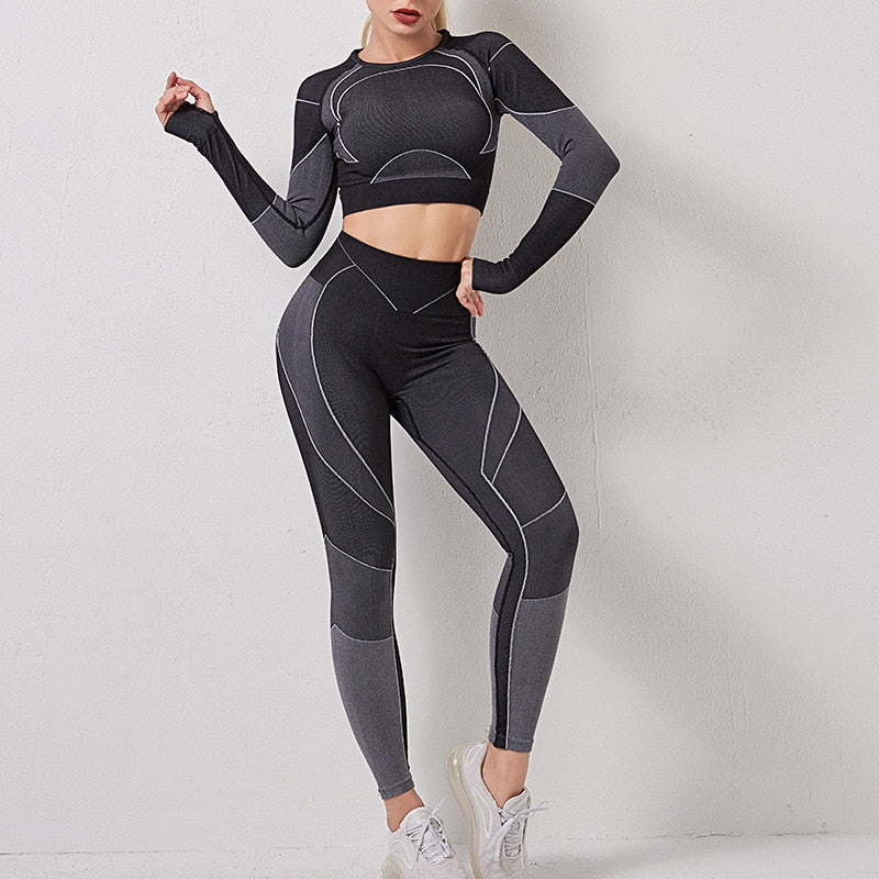 Seamless Striped Yoga Set Women Gym Clothes Long Sleeve Crop Top Leggings Sports Tracksuit Workout Training Fitness 2 Piece Set | Vimost Shop.